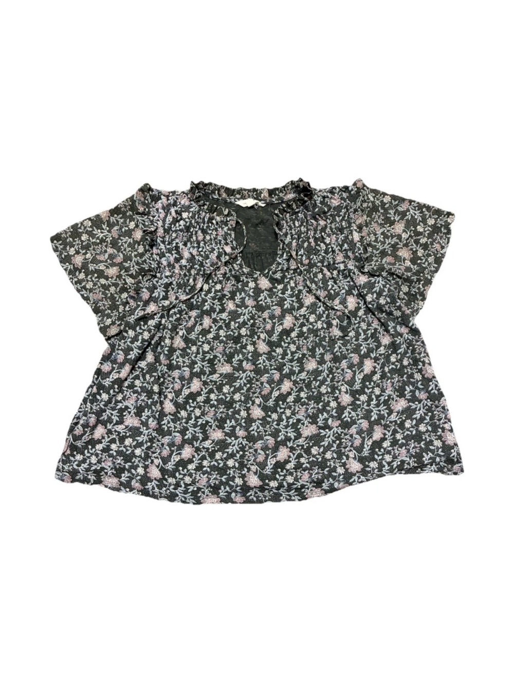 Lucky Brand Black Short-Sleeve Floral Ruffle Blouse with Pink Accents